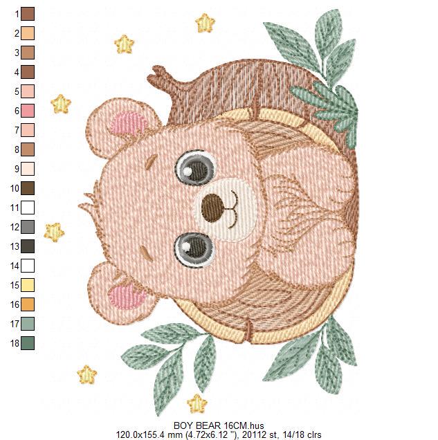 Bear embroidery designs - Baby Boy Bear machine embroidery pattern - Cute Bear with tree trunk file - Instant digital download pes jef dst