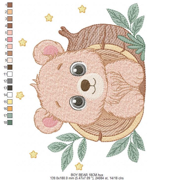 Bear embroidery designs - Baby Boy Bear machine embroidery pattern - Cute Bear with tree trunk file - Instant digital download pes jef dst