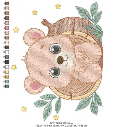 Bear embroidery designs - Baby Boy Bear machine embroidery pattern - Cute Bear with tree trunk file - Instant digital download pes jef dst