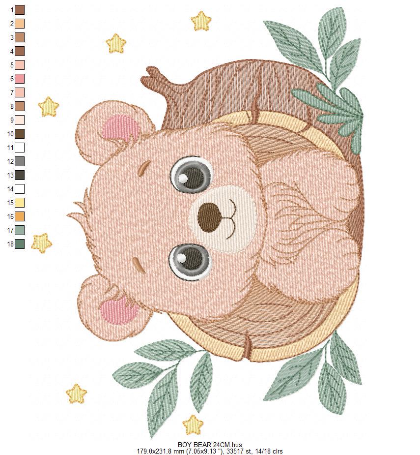 Bear embroidery designs - Baby Boy Bear machine embroidery pattern - Cute Bear with tree trunk file - Instant digital download pes jef dst