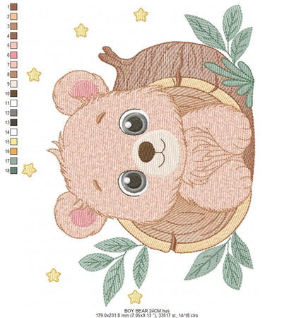 Bear embroidery designs - Baby Boy Bear machine embroidery pattern - Cute Bear with tree trunk file - Instant digital download pes jef dst