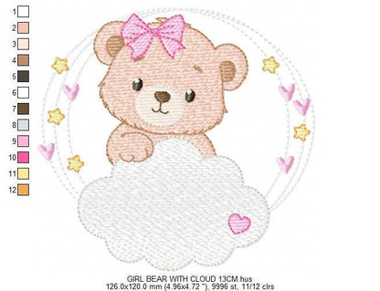 Female Bear embroidery designs - Baby girl Teddy with stars and cloud machine embroidery pattern - Instant digital download pes jef dst hus