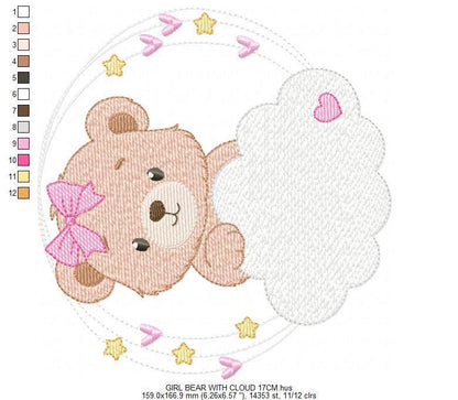 Female Bear embroidery designs - Baby girl Teddy with stars and cloud machine embroidery pattern - Instant digital download pes jef dst hus
