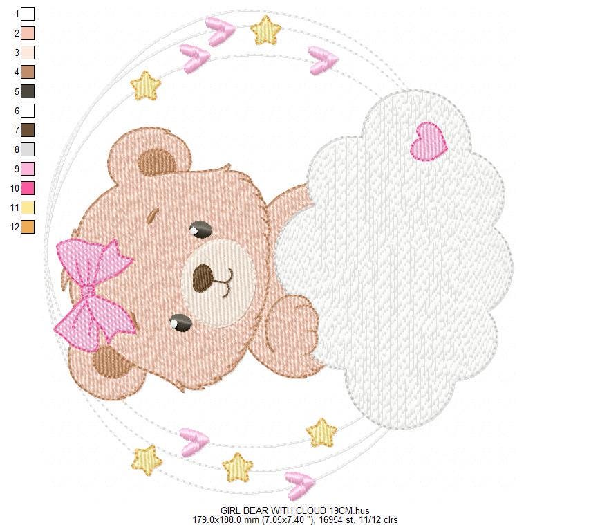 Female Bear embroidery designs - Baby girl Teddy with stars and cloud machine embroidery pattern - Instant digital download pes jef dst hus