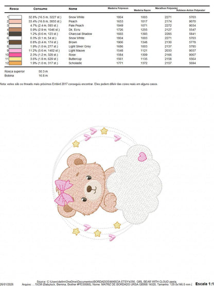 Female Bear embroidery designs - Baby girl Teddy with stars and cloud machine embroidery pattern - Instant digital download pes jef dst hus