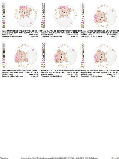 Female Bear embroidery designs - Baby girl Teddy with stars and cloud machine embroidery pattern - Instant digital download pes jef dst hus