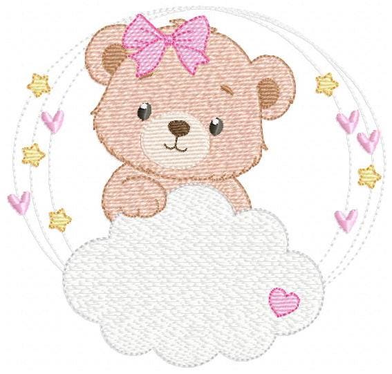 Female Bear embroidery designs - Baby girl Teddy with stars and cloud machine embroidery pattern - Instant digital download pes jef dst hus