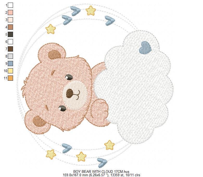 Male Bear with cloud and stars embroidery designs - Baby Boy Teddy Bear machine embroidery pattern - Instant digital download pes jef dst