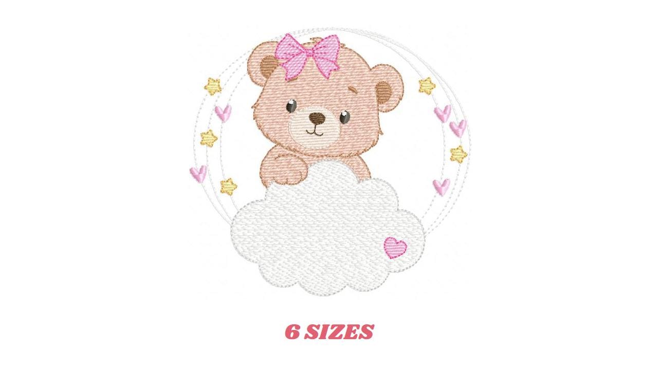 Female Bear embroidery designs - Baby girl Teddy with stars and cloud machine embroidery pattern - Instant digital download pes jef dst hus