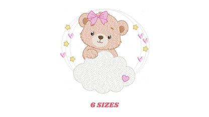 Female Bear embroidery designs - Baby girl Teddy with stars and cloud machine embroidery pattern - Instant digital download pes jef dst hus