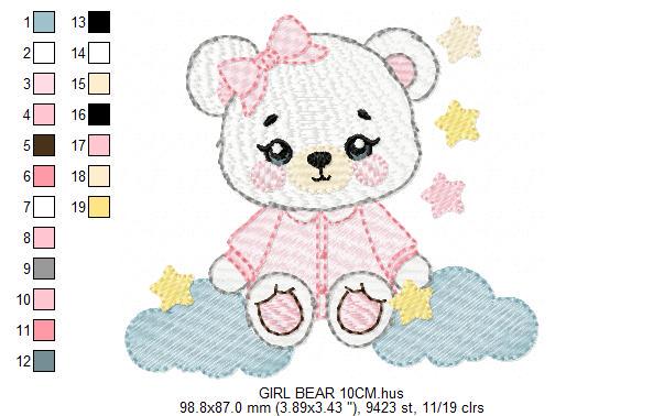 Female Bear embroidery designs - Baby girl with pajamas, stars and clouds machine embroidery pattern - Instant digital download pes jef dst