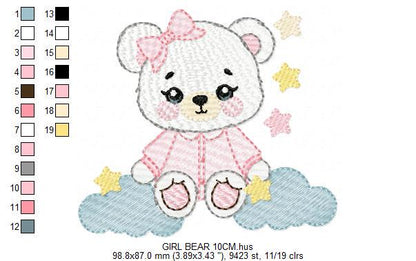 Female Bear embroidery designs - Baby girl with pajamas, stars and clouds machine embroidery pattern - Instant digital download pes jef dst