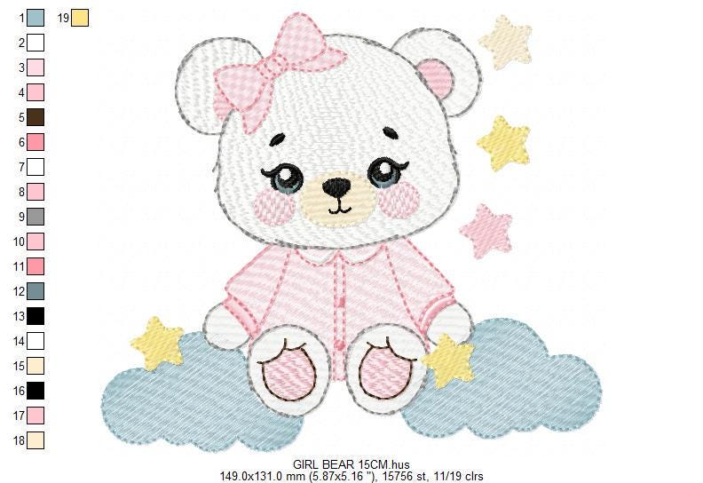 Female Bear embroidery designs - Baby girl with pajamas, stars and clouds machine embroidery pattern - Instant digital download pes jef dst