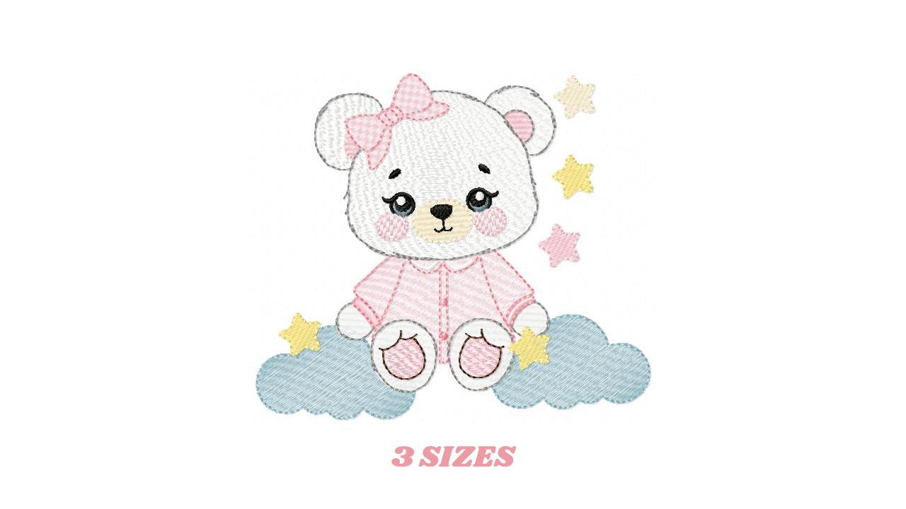 Female Bear embroidery designs - Baby girl with pajamas, stars and clouds machine embroidery pattern - Instant digital download pes jef dst