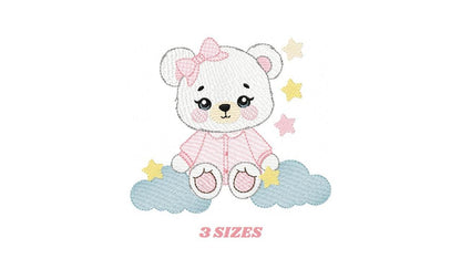 Female Bear embroidery designs - Baby girl with pajamas, stars and clouds machine embroidery pattern - Instant digital download pes jef dst
