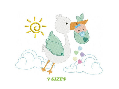 May include: A white stork with green wings carries a baby wrapped in a green blanket. The stork is flying in the sky with clouds and a yellow sun. The baby is wearing a blue bow. There are rainbow hearts scattered around the stork.