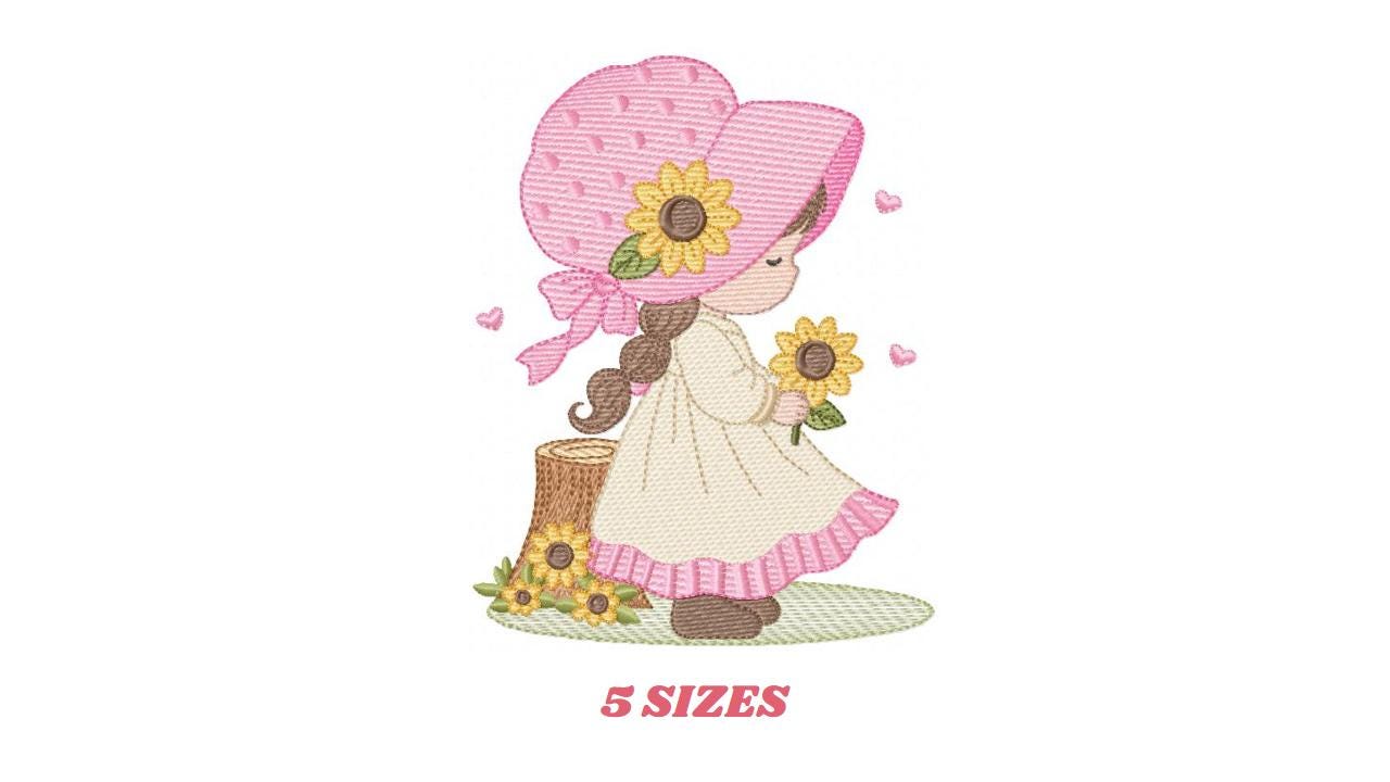 Baby girl with sunflowers embroidery designs - Princess with flowers and braids machine embroidery pattern - Instant digital download pes