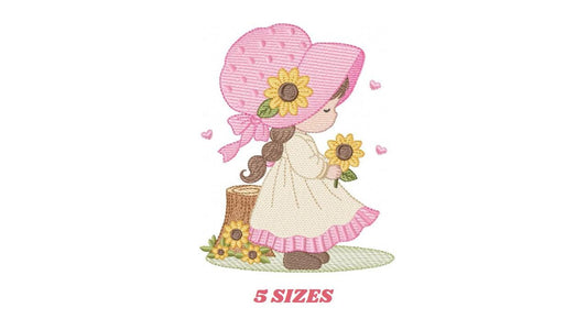 Baby girl with sunflowers embroidery designs - Princess with flowers and braids machine embroidery pattern - Instant digital download pes