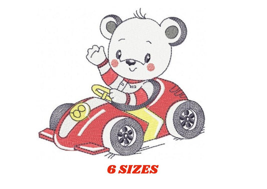 May include: A white bear wearing a red and white striped shirt drives a red race car with yellow accents. The car has a number 8 on the side.  6 SIZES.