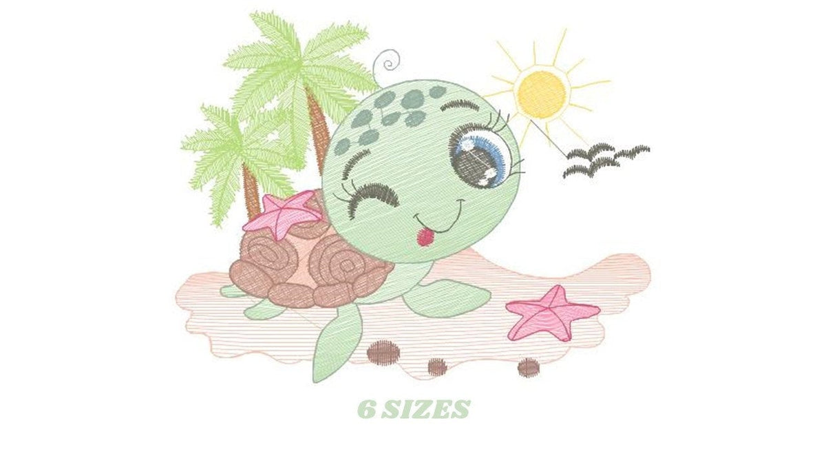 May include: Embroidered design of a cartoon turtle with big eyes, a pink seashell on its back, and two pink starfish. The turtle is on a beach with palm trees and a sun.
