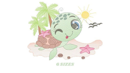 May include: Embroidered design of a cartoon turtle with big eyes, a pink seashell on its back, and two pink starfish. The turtle is on a beach with palm trees and a sun.