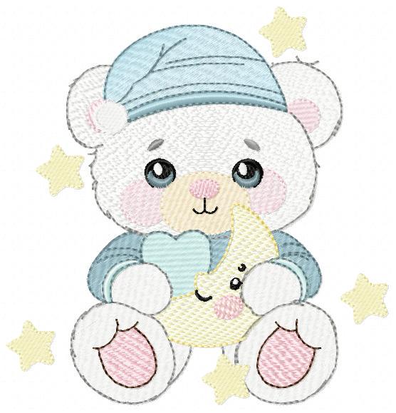 Male Bear with pajamas embroidery designs - Baby boy with cloud moon and stars machine embroidery pattern - Instant digital download pes jef