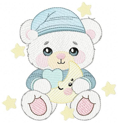 Male Bear with pajamas embroidery designs - Baby boy with cloud moon and stars machine embroidery pattern - Instant digital download pes jef
