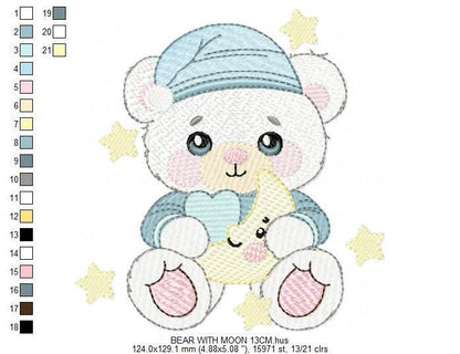 Male Bear with pajamas embroidery designs - Baby boy with cloud moon and stars machine embroidery pattern - Instant digital download pes jef