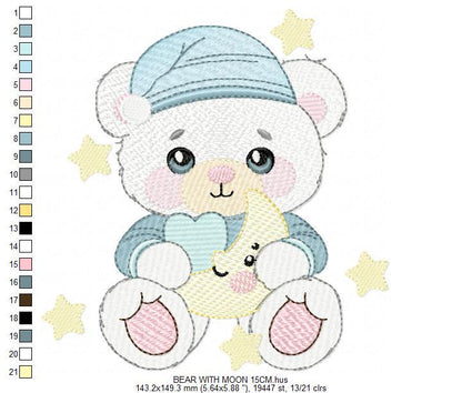 Male Bear with pajamas embroidery designs - Baby boy with cloud moon and stars machine embroidery pattern - Instant digital download pes jef