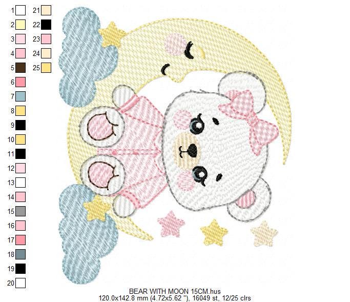 Girl Bear with pajamas embroidery designs - Baby girl with moon stars and cloud machine embroidery pattern - Instant digital download jef