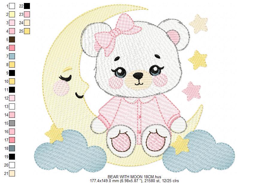 Girl Bear with pajamas embroidery designs - Baby girl with moon stars and cloud machine embroidery pattern - Instant digital download jef