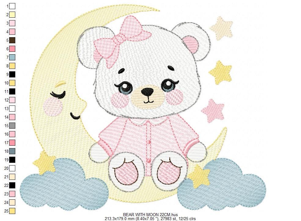 Girl Bear with pajamas embroidery designs - Baby girl with moon stars and cloud machine embroidery pattern - Instant digital download jef