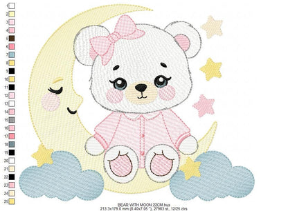Girl Bear with pajamas embroidery designs - Baby girl with moon stars and cloud machine embroidery pattern - Instant digital download jef