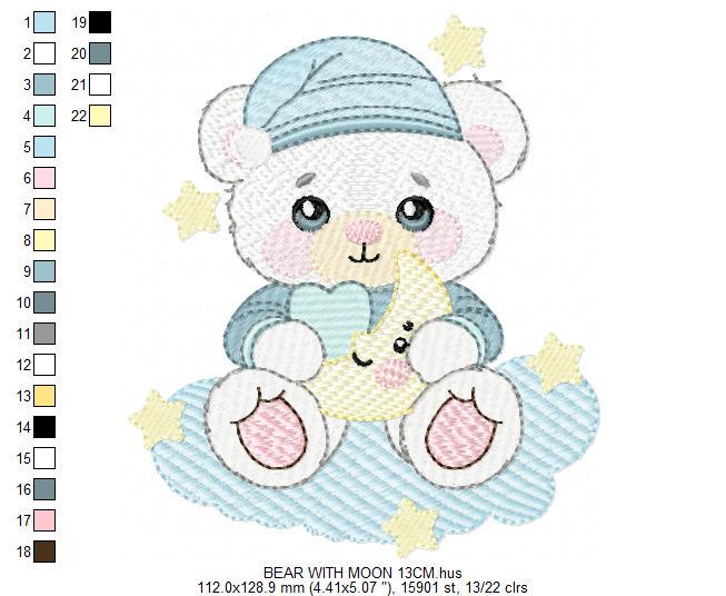 Male Bear with pajamas embroidery designs - Baby boy with moon stars and clouds machine embroidery pattern - Instant digital download pes