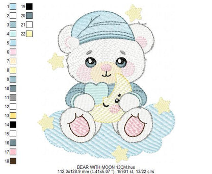 Male Bear with pajamas embroidery designs - Baby boy with moon stars and clouds machine embroidery pattern - Instant digital download pes
