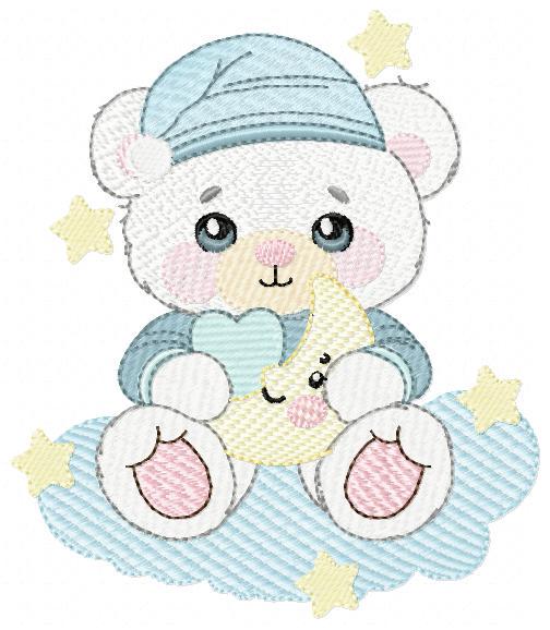 Male Bear with pajamas embroidery designs - Baby boy with moon stars and clouds machine embroidery pattern - Instant digital download pes