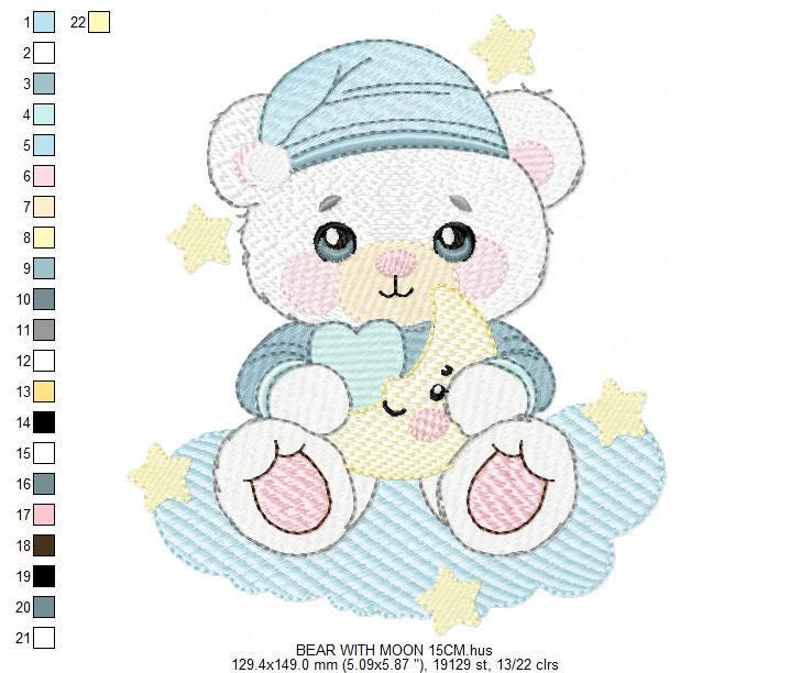Male Bear with pajamas embroidery designs - Baby boy with moon stars and clouds machine embroidery pattern - Instant digital download pes