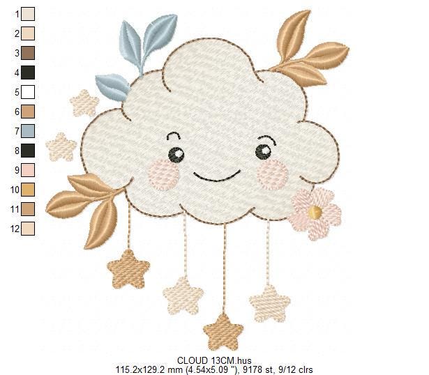 Cloud with stars and leaves embroidery design - Colorful Cloud machine embroidery pattern - Instant digital download pes jef dst hus vp3 hus