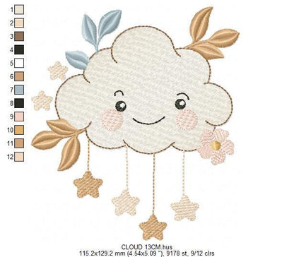 Cloud with stars and leaves embroidery design - Colorful Cloud machine embroidery pattern - Instant digital download pes jef dst hus vp3 hus