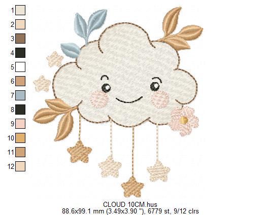 Cloud with stars and leaves embroidery design - Colorful Cloud machine embroidery pattern - Instant digital download pes jef dst hus vp3 hus