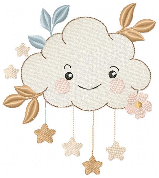 Cloud with stars and leaves embroidery design - Colorful Cloud machine embroidery pattern - Instant digital download pes jef dst hus vp3 hus