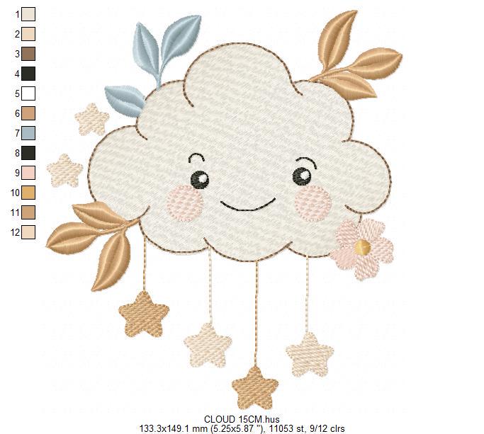 Cloud with stars and leaves embroidery design - Colorful Cloud machine embroidery pattern - Instant digital download pes jef dst hus vp3 hus