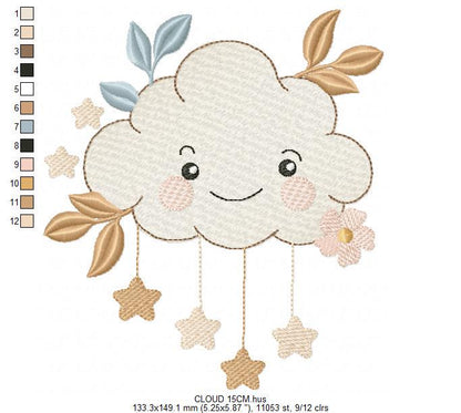 Cloud with stars and leaves embroidery design - Colorful Cloud machine embroidery pattern - Instant digital download pes jef dst hus vp3 hus