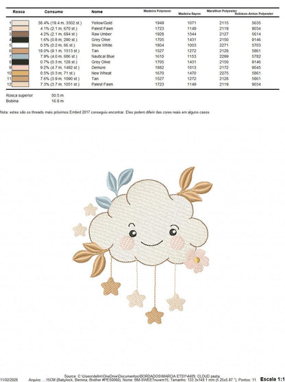 Cloud with stars and leaves embroidery design - Colorful Cloud machine embroidery pattern - Instant digital download pes jef dst hus vp3 hus