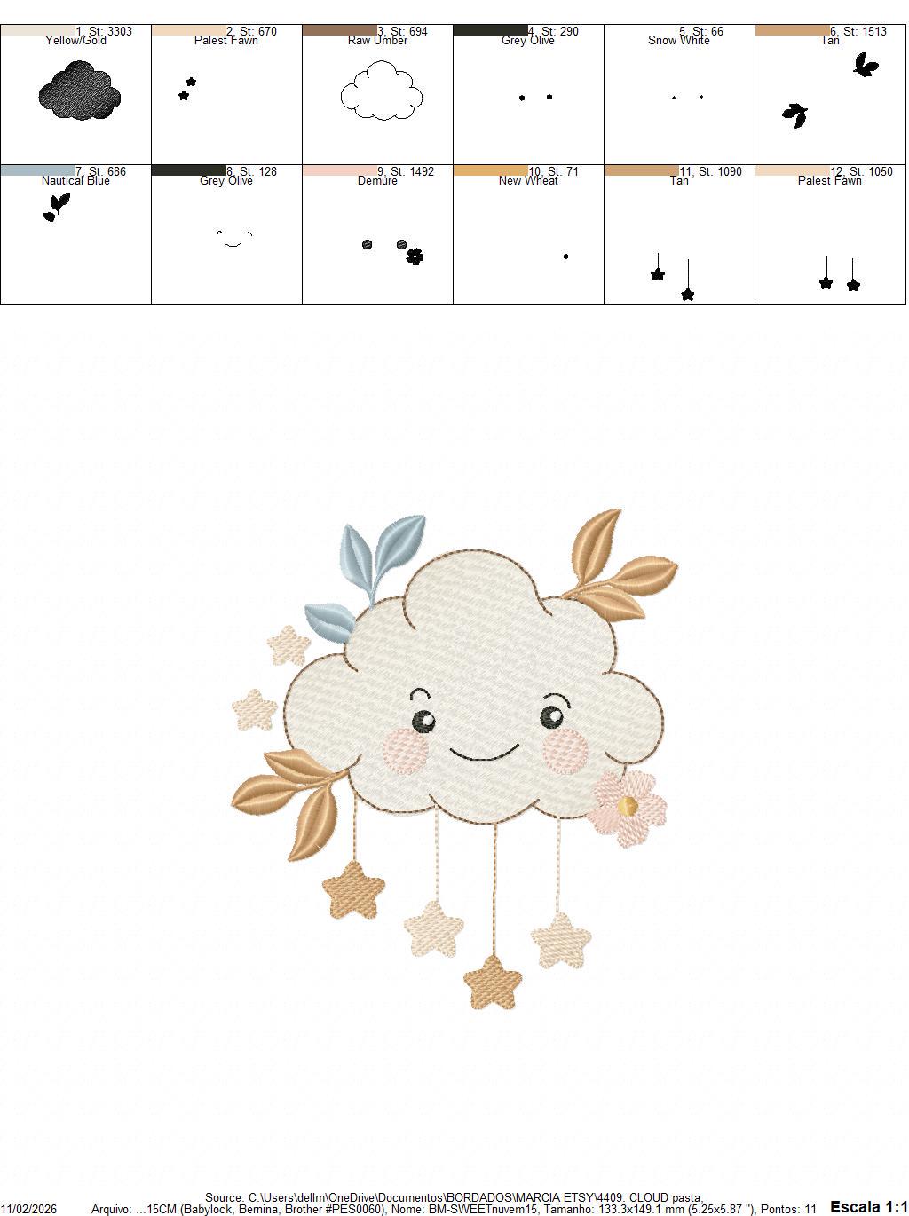 Cloud with stars and leaves embroidery design - Colorful Cloud machine embroidery pattern - Instant digital download pes jef dst hus vp3 hus