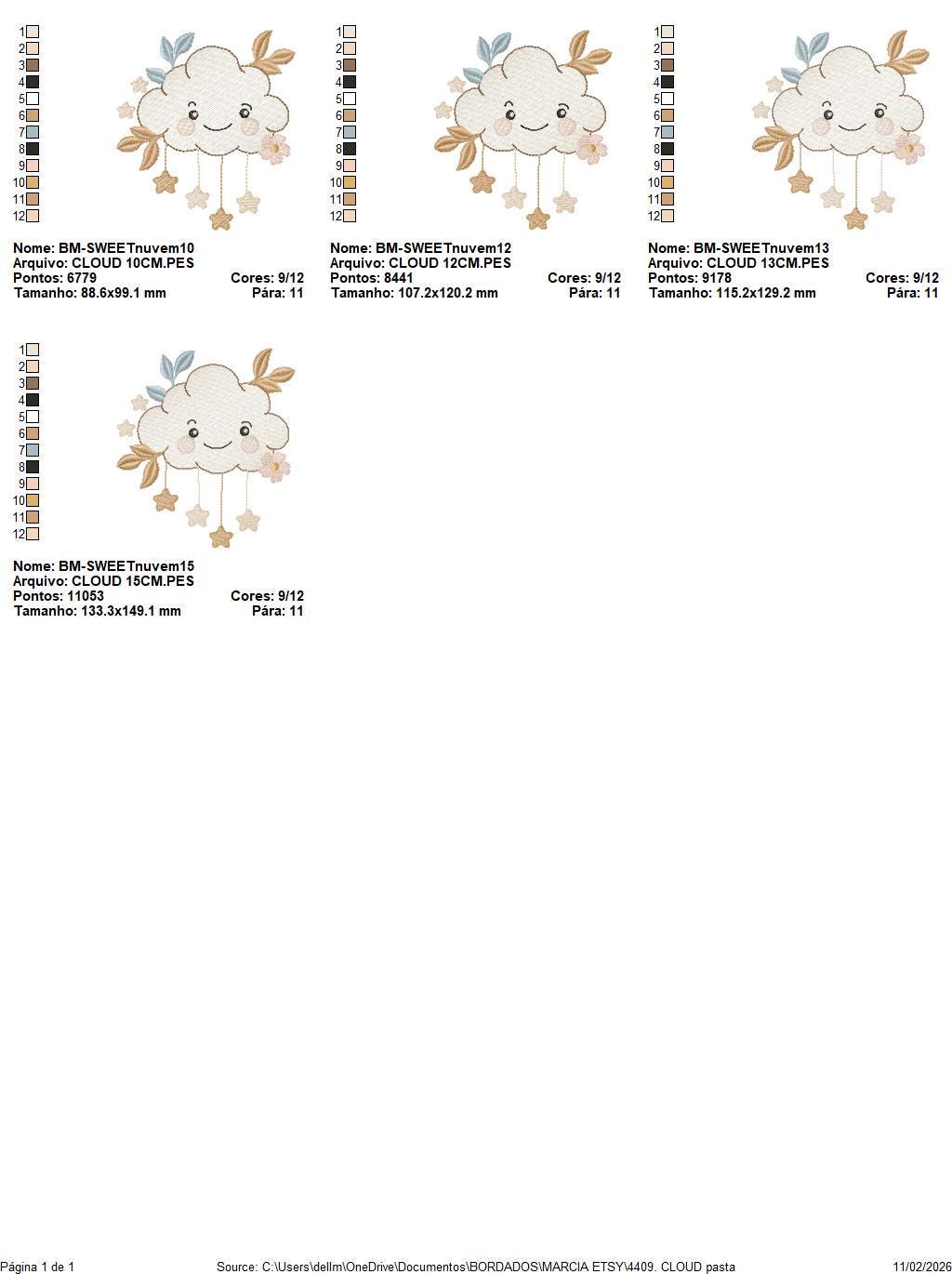Cloud with stars and leaves embroidery design - Colorful Cloud machine embroidery pattern - Instant digital download pes jef dst hus vp3 hus