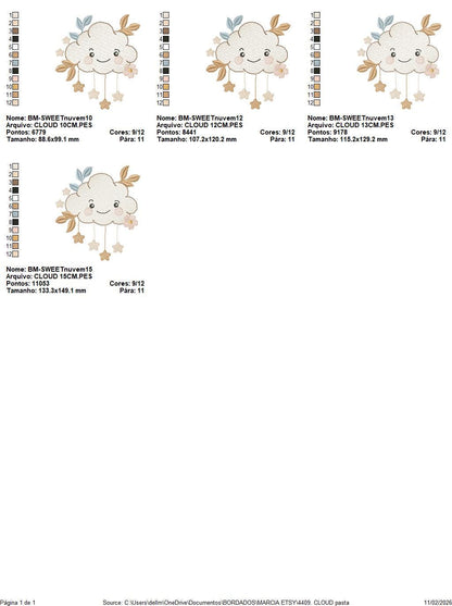 Cloud with stars and leaves embroidery design - Colorful Cloud machine embroidery pattern - Instant digital download pes jef dst hus vp3 hus