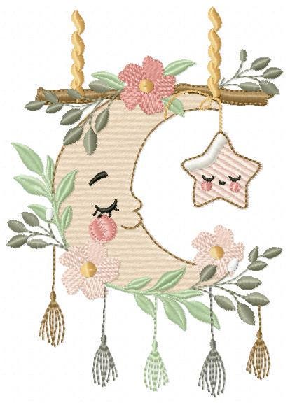 Moon with stars hearts and flowers embroidery design - Baby Girl Half moon machine embroidery pattern - Instant digital download pes jef hus
