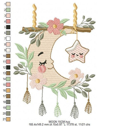 Moon with stars hearts and flowers embroidery design - Baby Girl Half moon machine embroidery pattern - Instant digital download pes jef hus