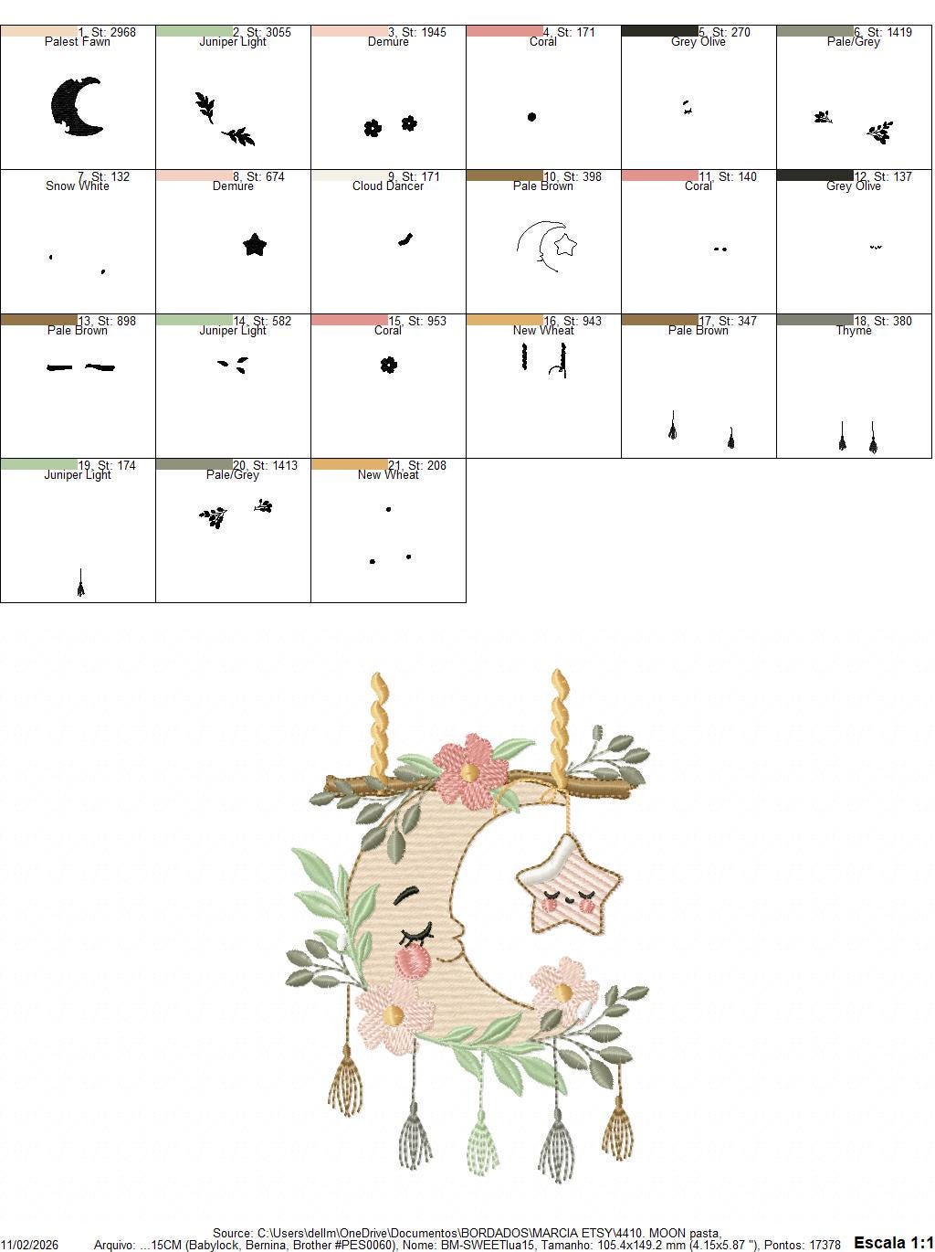 Moon with stars hearts and flowers embroidery design - Baby Girl Half moon machine embroidery pattern - Instant digital download pes jef hus